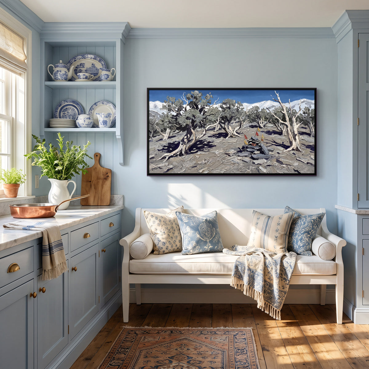 Ancient Trees and Prayer Flags - canvas art shown in a styled room