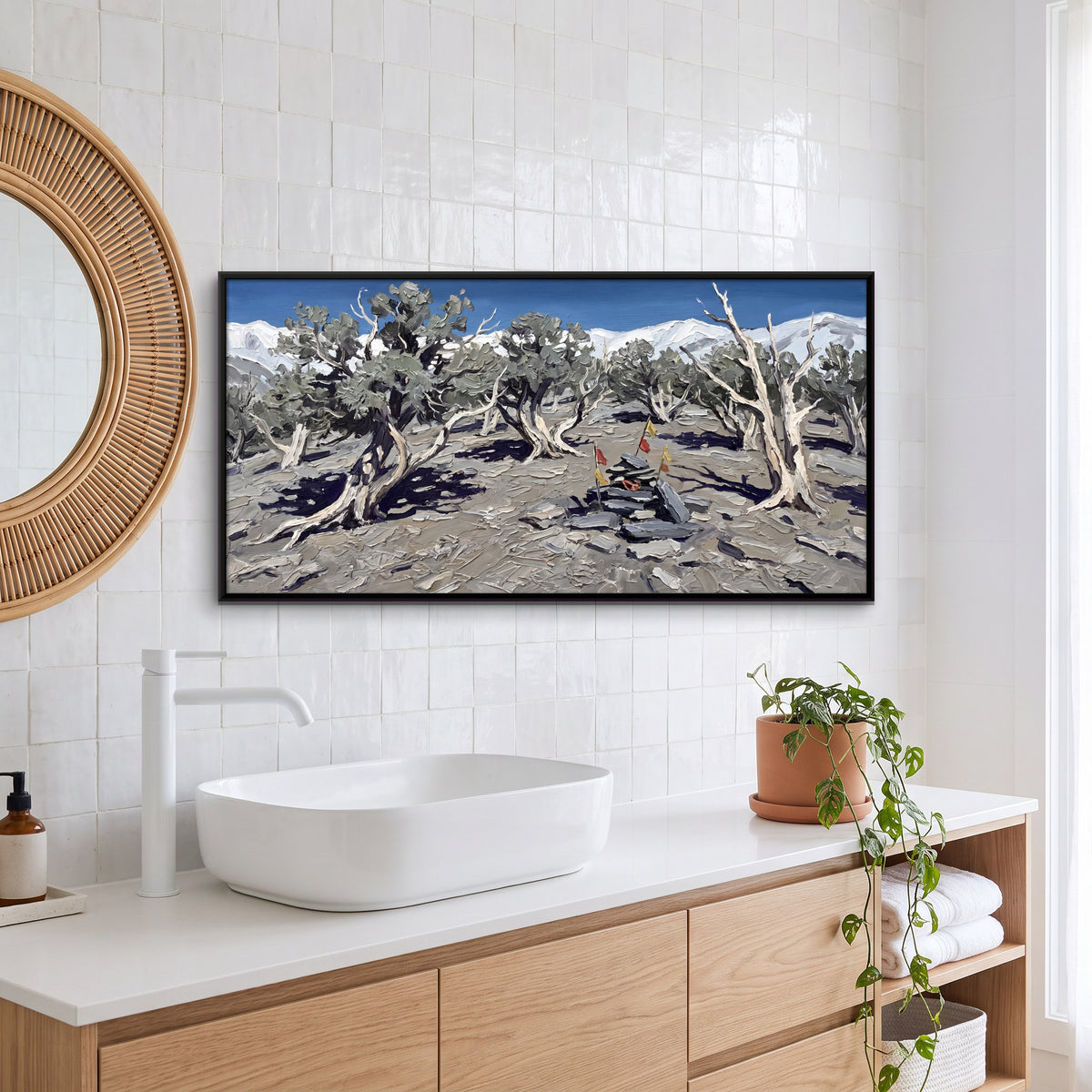 Ancient Trees and Prayer Flags - canvas art shown in a second room setting