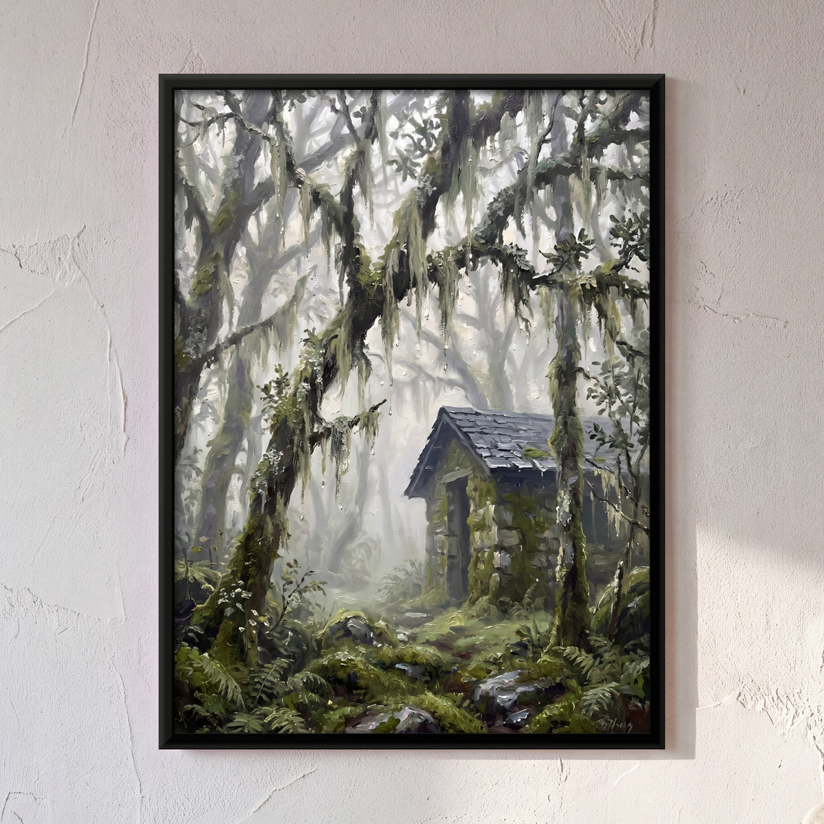 Stone Hut in a Misty Forest - framed canvas art hung on a wall