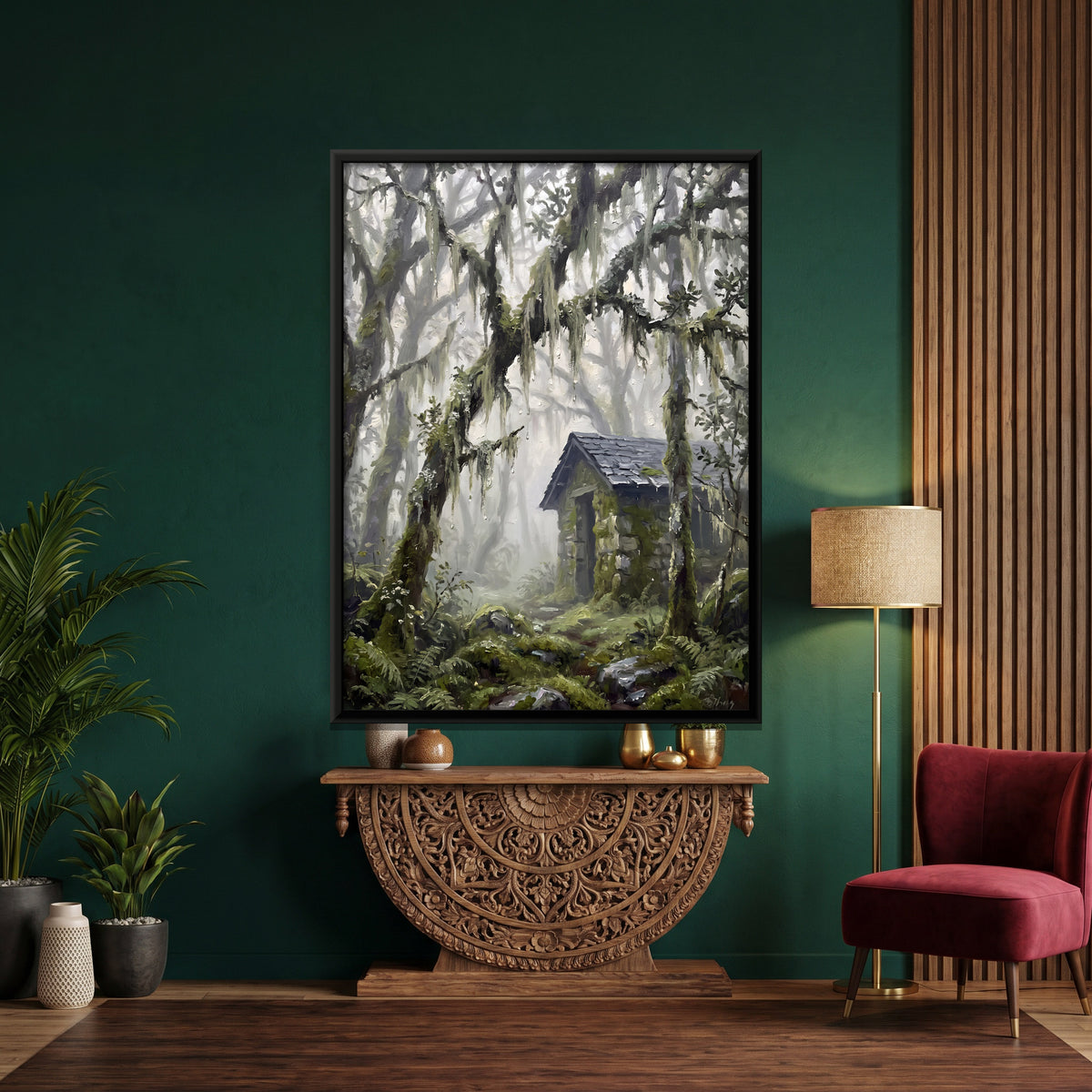 Stone Hut in a Misty Forest - canvas art shown in a styled room