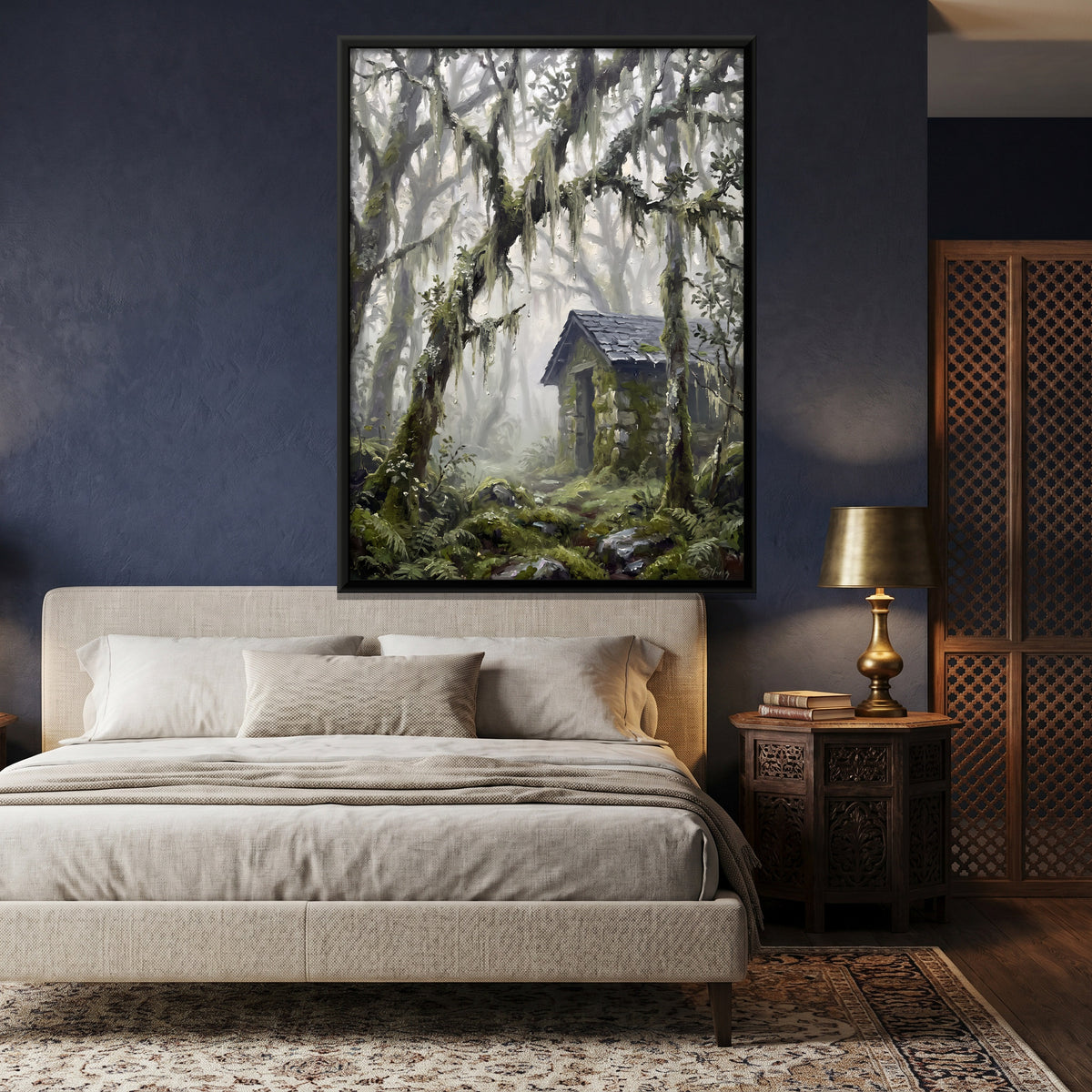 Stone Hut in a Misty Forest - canvas art shown in a second room setting