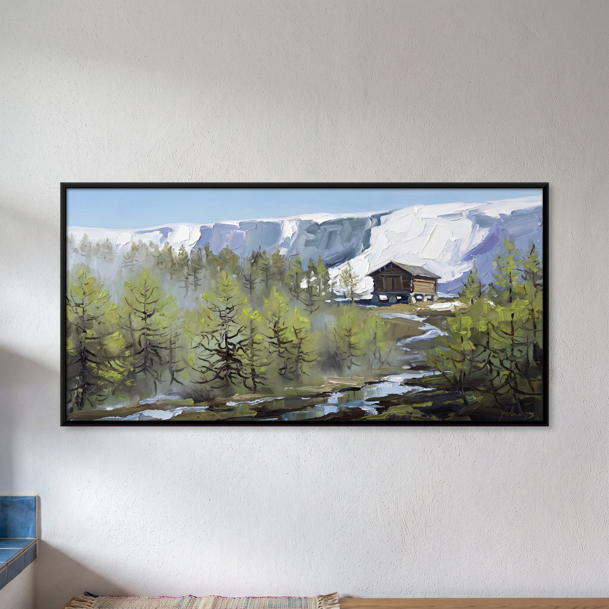 Mountain Hut Below Snow Cliffs - framed canvas art hung on a wall
