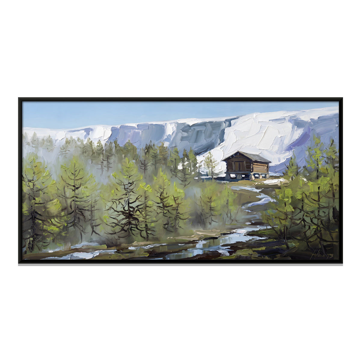 Mountain Hut Below Snow Cliffs - framed canvas print, front view