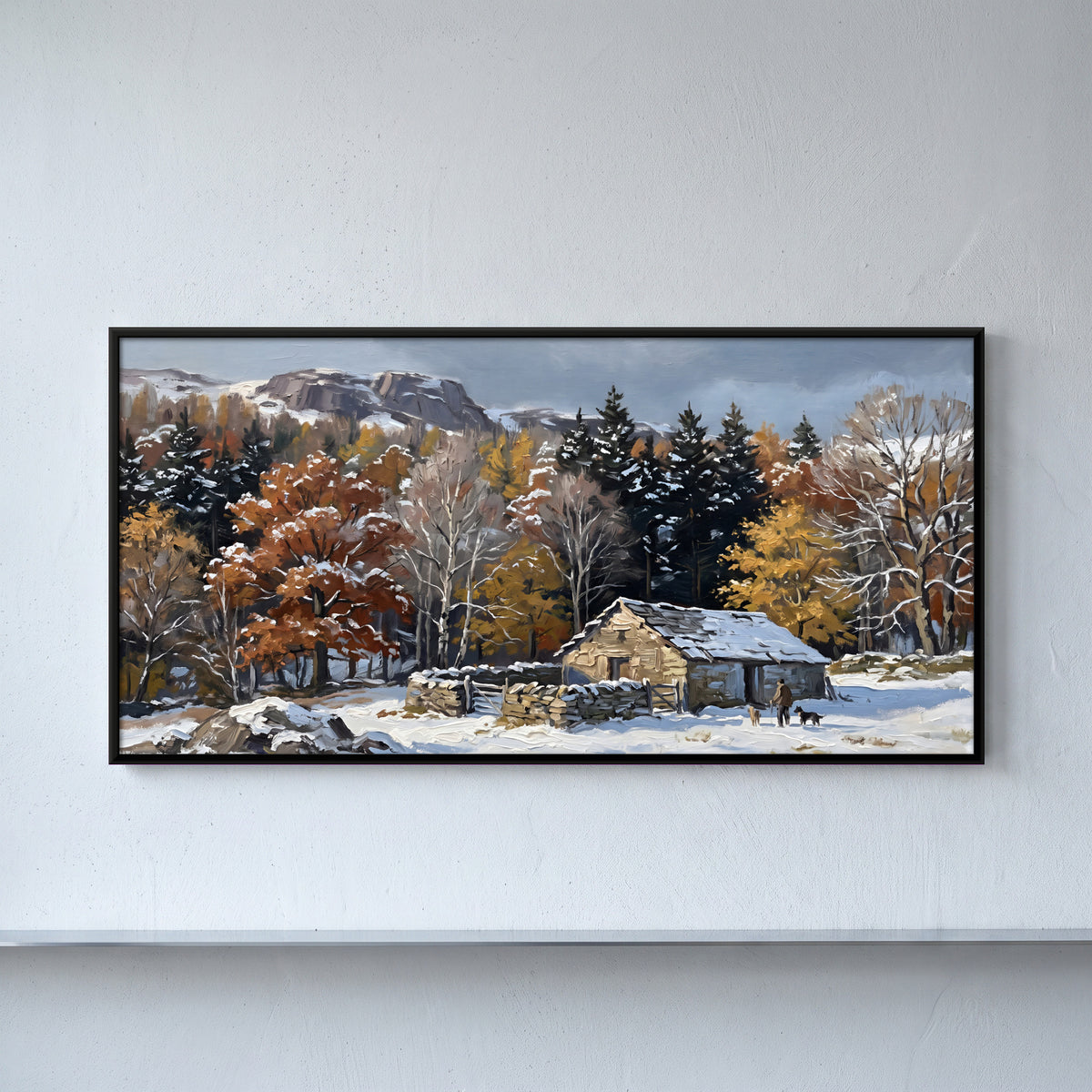 Stone Cottage in First Snow - framed canvas art hung on a wall