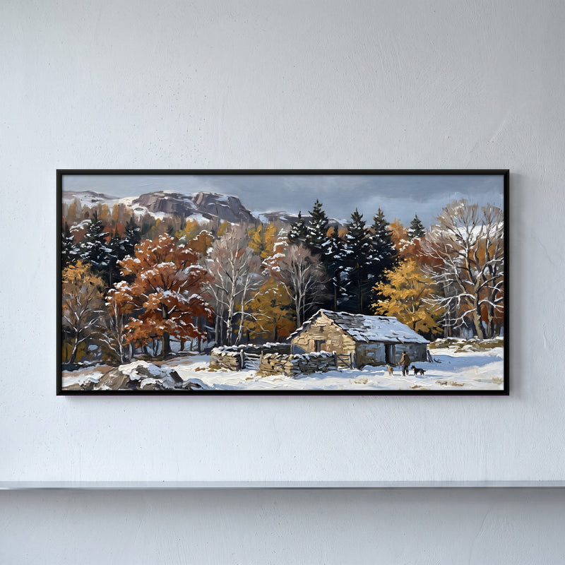 Stone Cottage in First Snow - framed canvas art hung on a wall