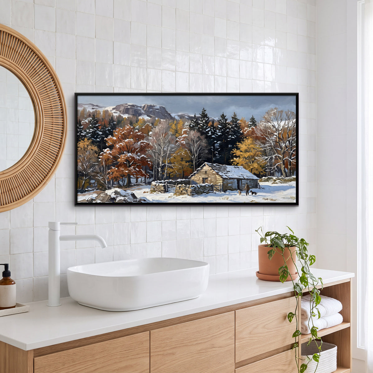 Stone Cottage in First Snow - canvas art shown in a styled room