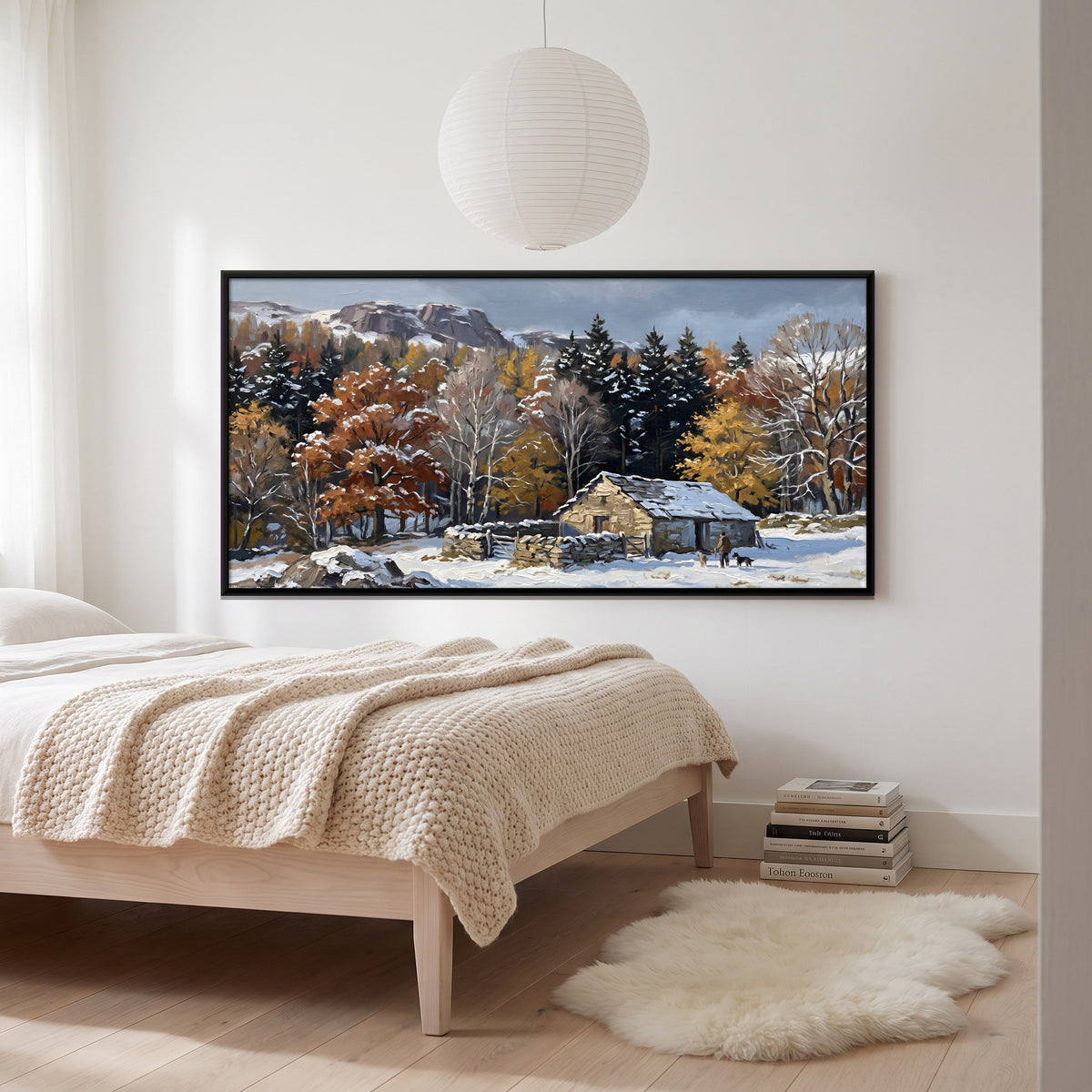 Stone Cottage in First Snow - canvas art shown in a second room setting