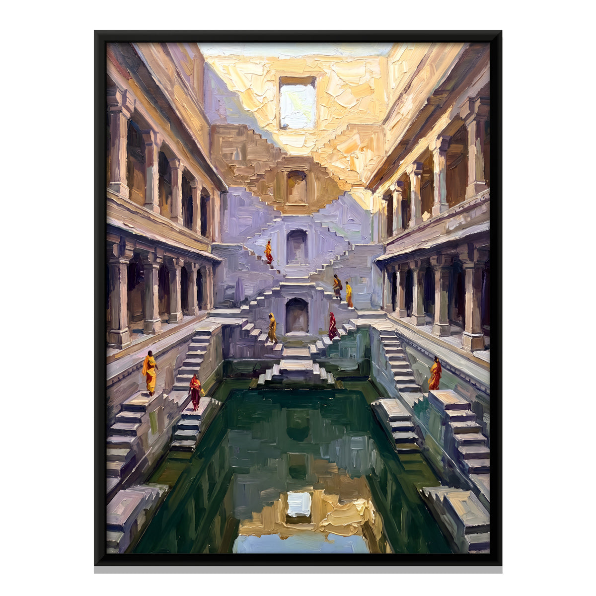 Stepwell Descending to Green Water - framed canvas print, front view