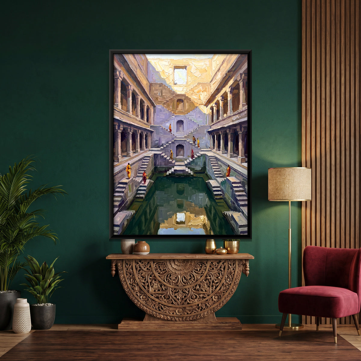 Stepwell Descending to Green Water - canvas art shown in a styled room