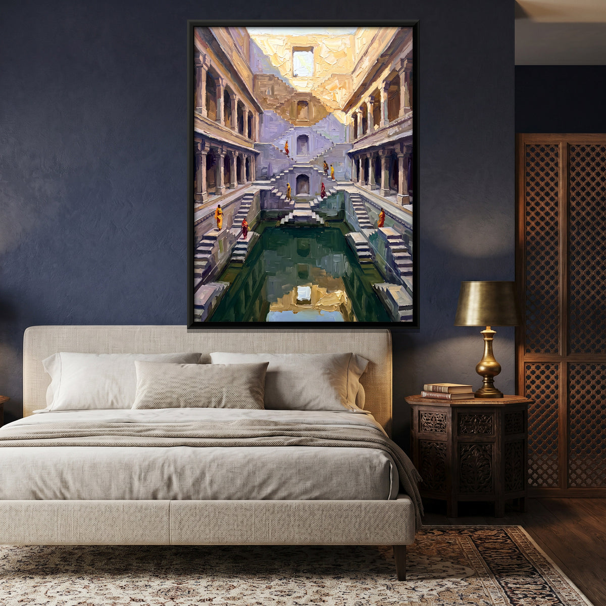 Stepwell Descending to Green Water - canvas art shown in a second room setting