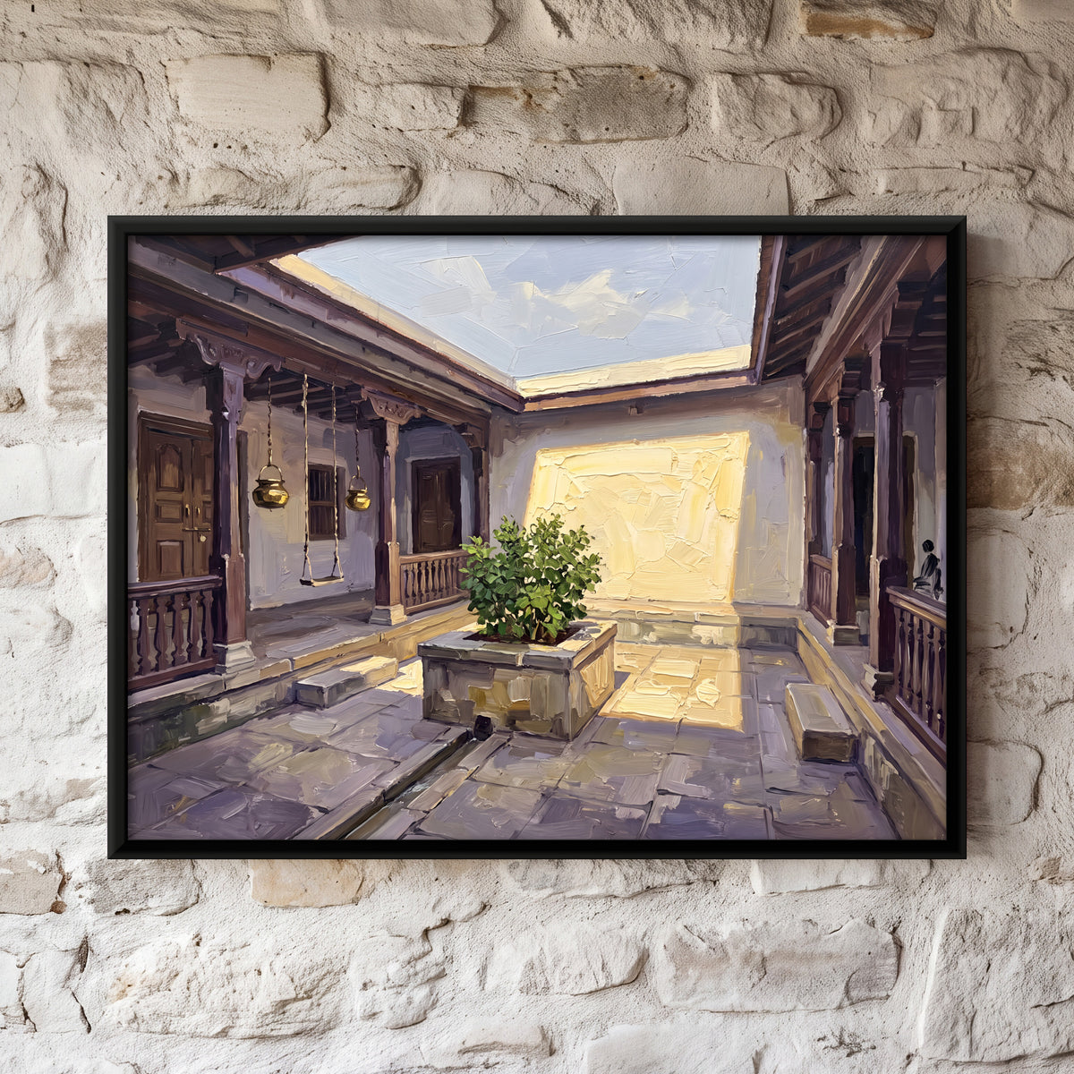Sunlit Courtyard with Tulsi Planter - framed canvas art hung on a wall