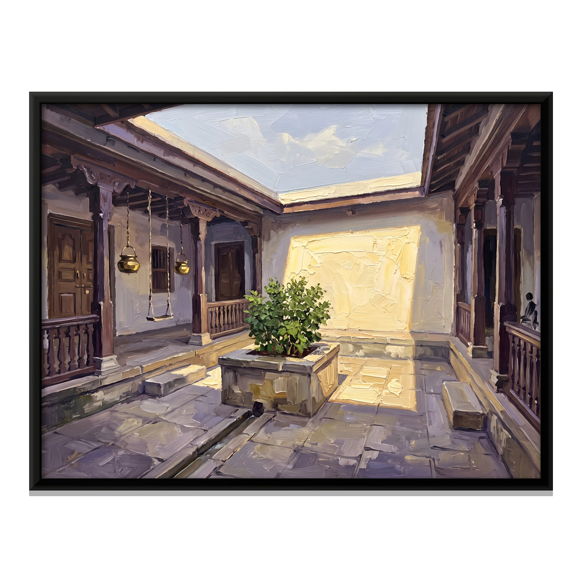 Sunlit Courtyard with Tulsi Planter - framed canvas print, front view