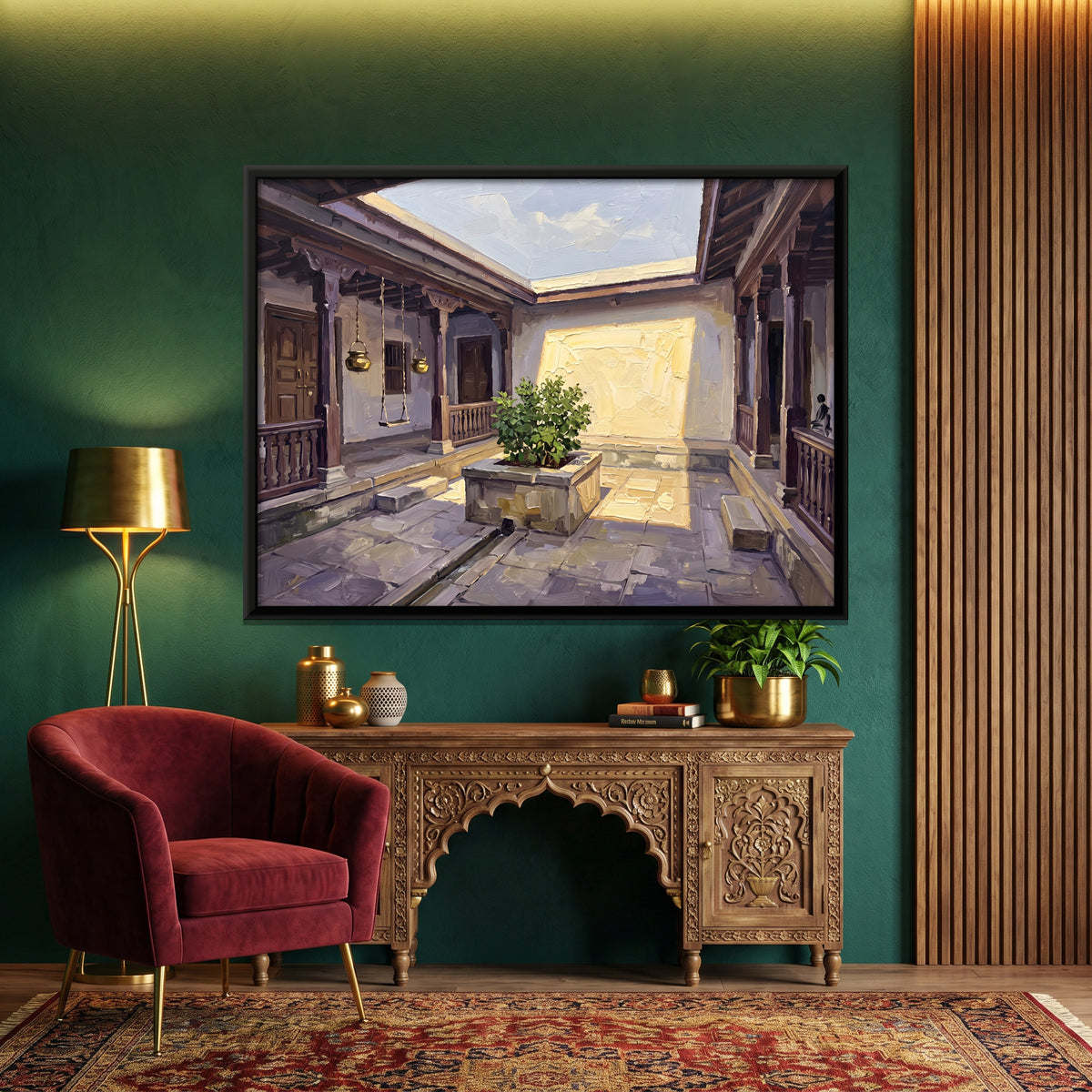 Sunlit Courtyard with Tulsi Planter - canvas art shown in a styled room