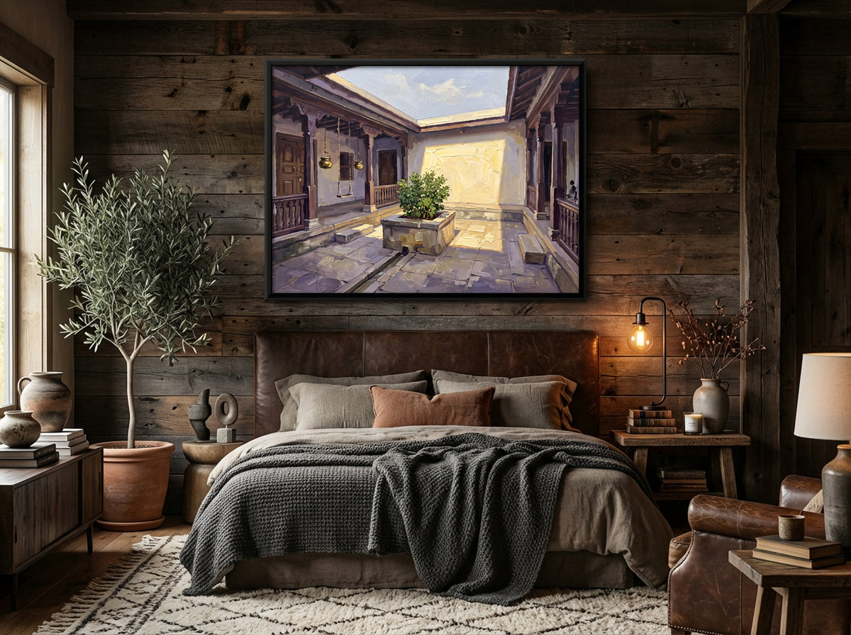 Sunlit Courtyard with Tulsi Planter - canvas art shown in a second room setting