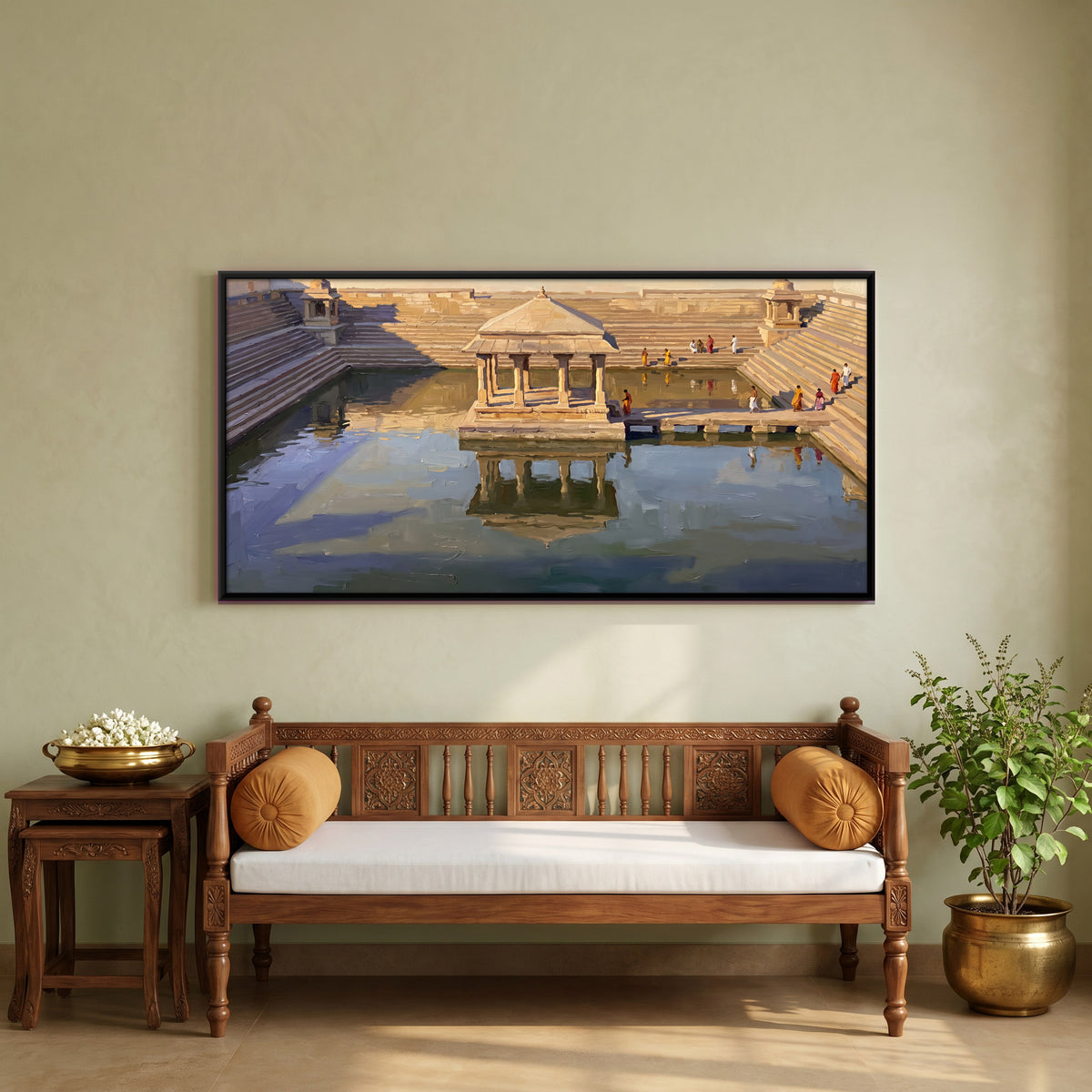 Pavilion in a Temple Tank - canvas art shown in a styled room