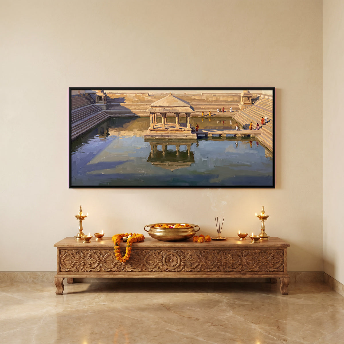 Pavilion in a Temple Tank - canvas art shown in a second room setting