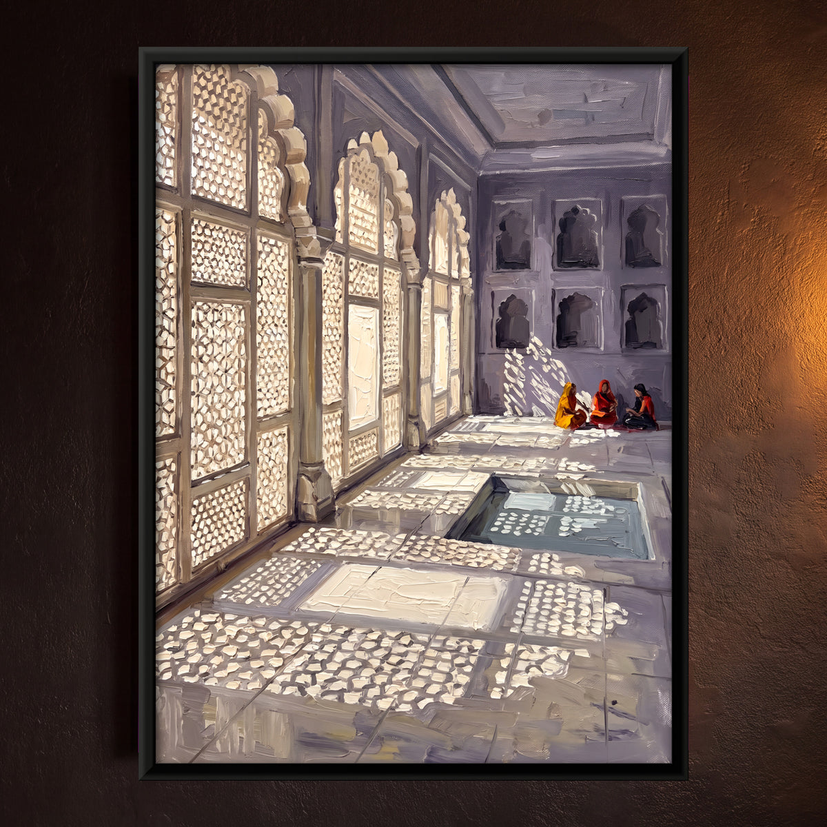 Sunlight Through Jali Screens - framed canvas art hung on a wall
