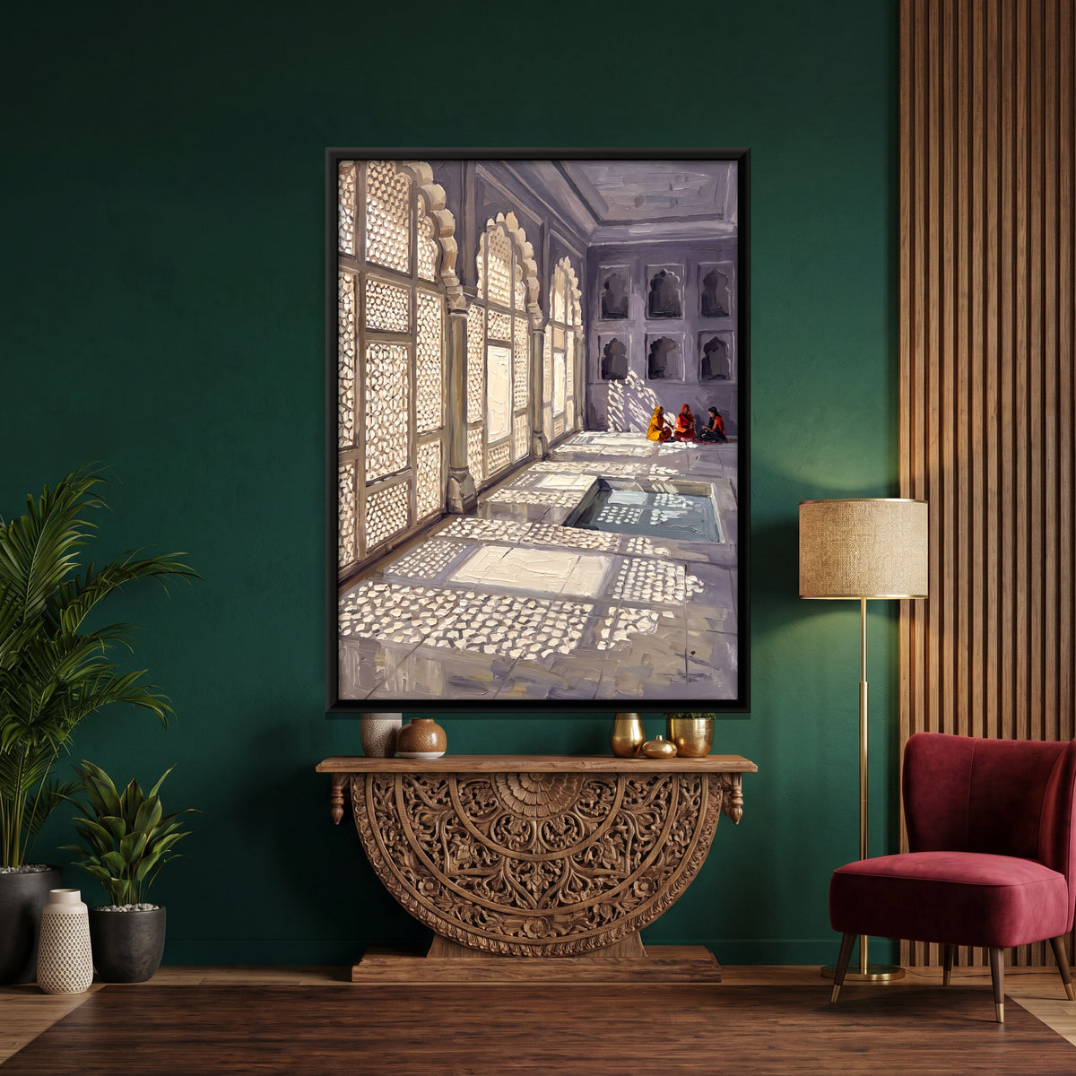 Sunlight Through Jali Screens - canvas art shown in a styled room