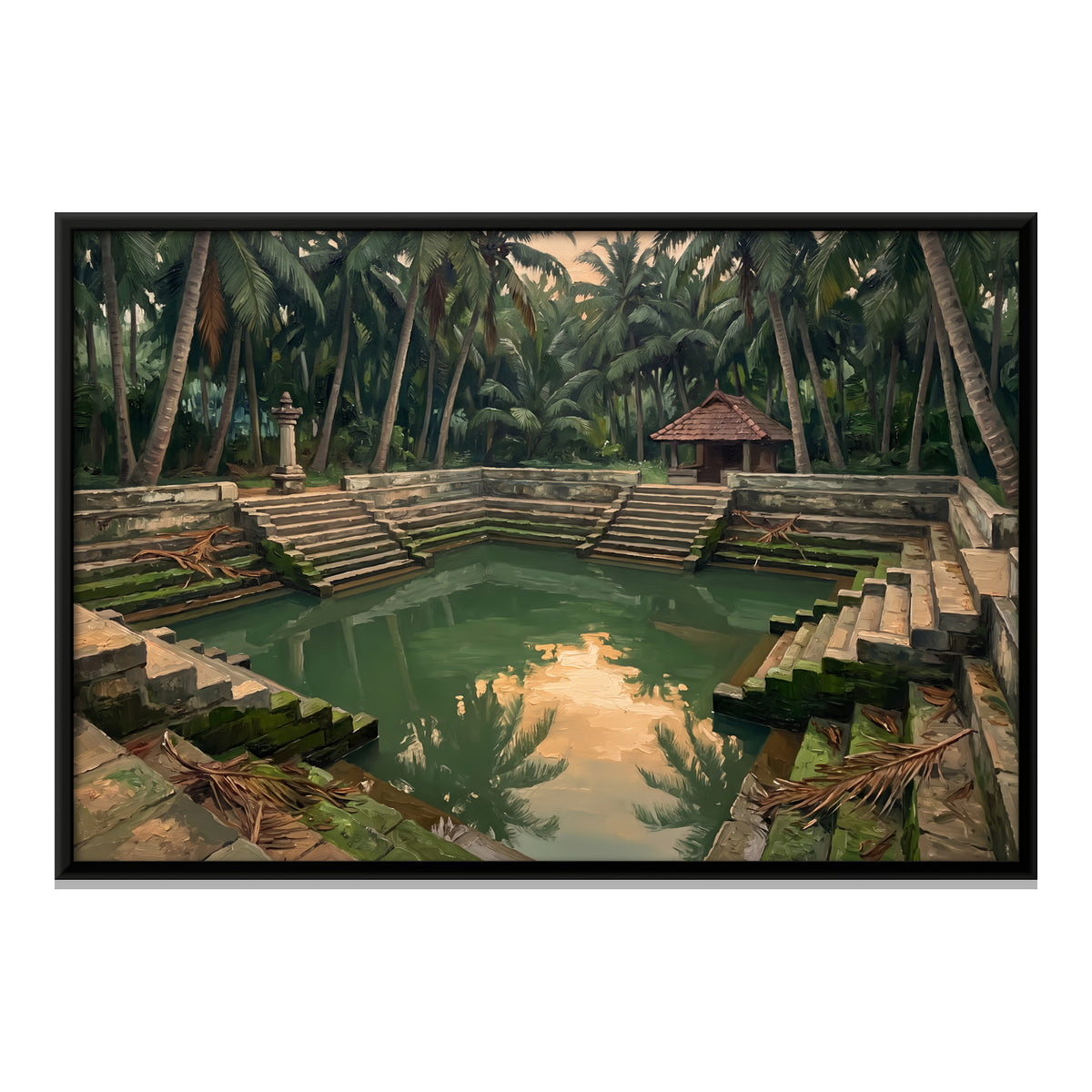 Temple Pond Among Palms - framed canvas print, front view
