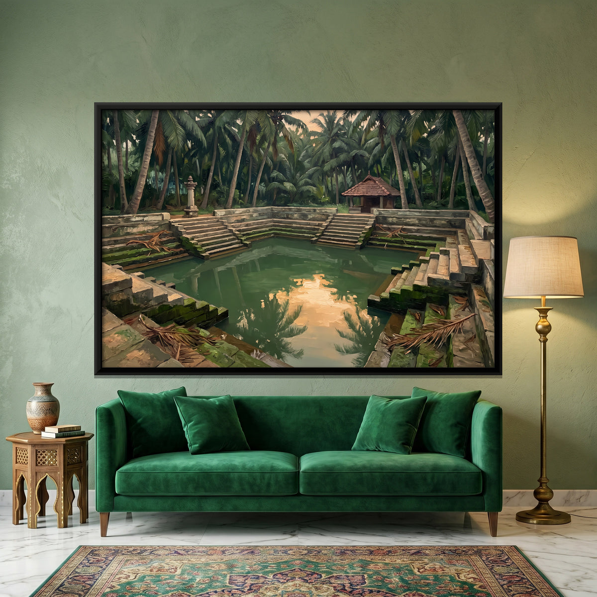 Temple Pond Among Palms - canvas art shown in a styled room