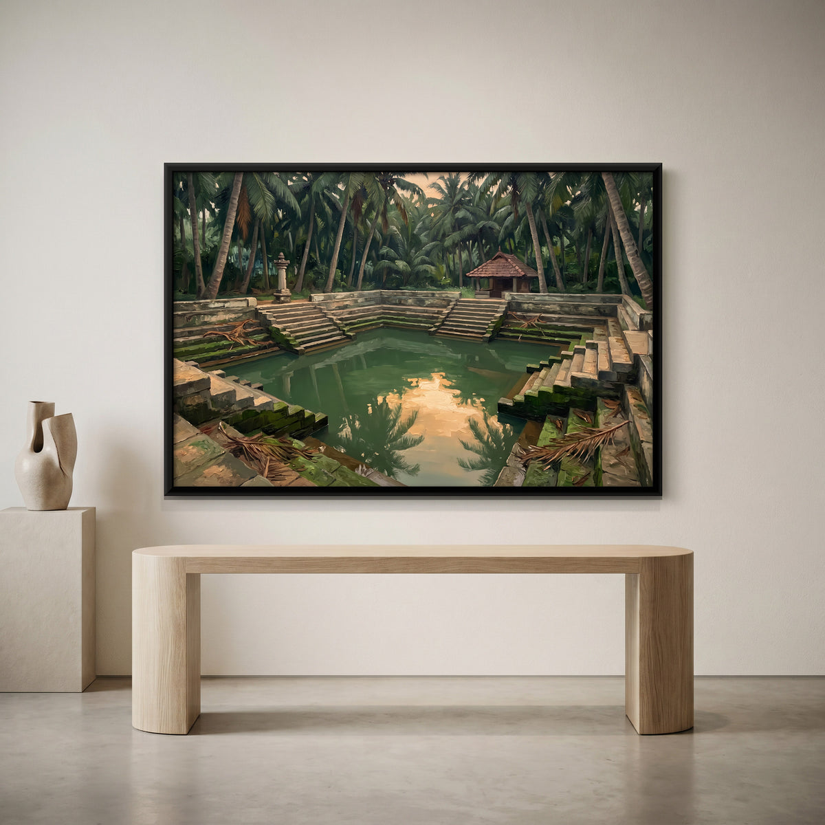 Temple Pond Among Palms - canvas art shown in a second room setting