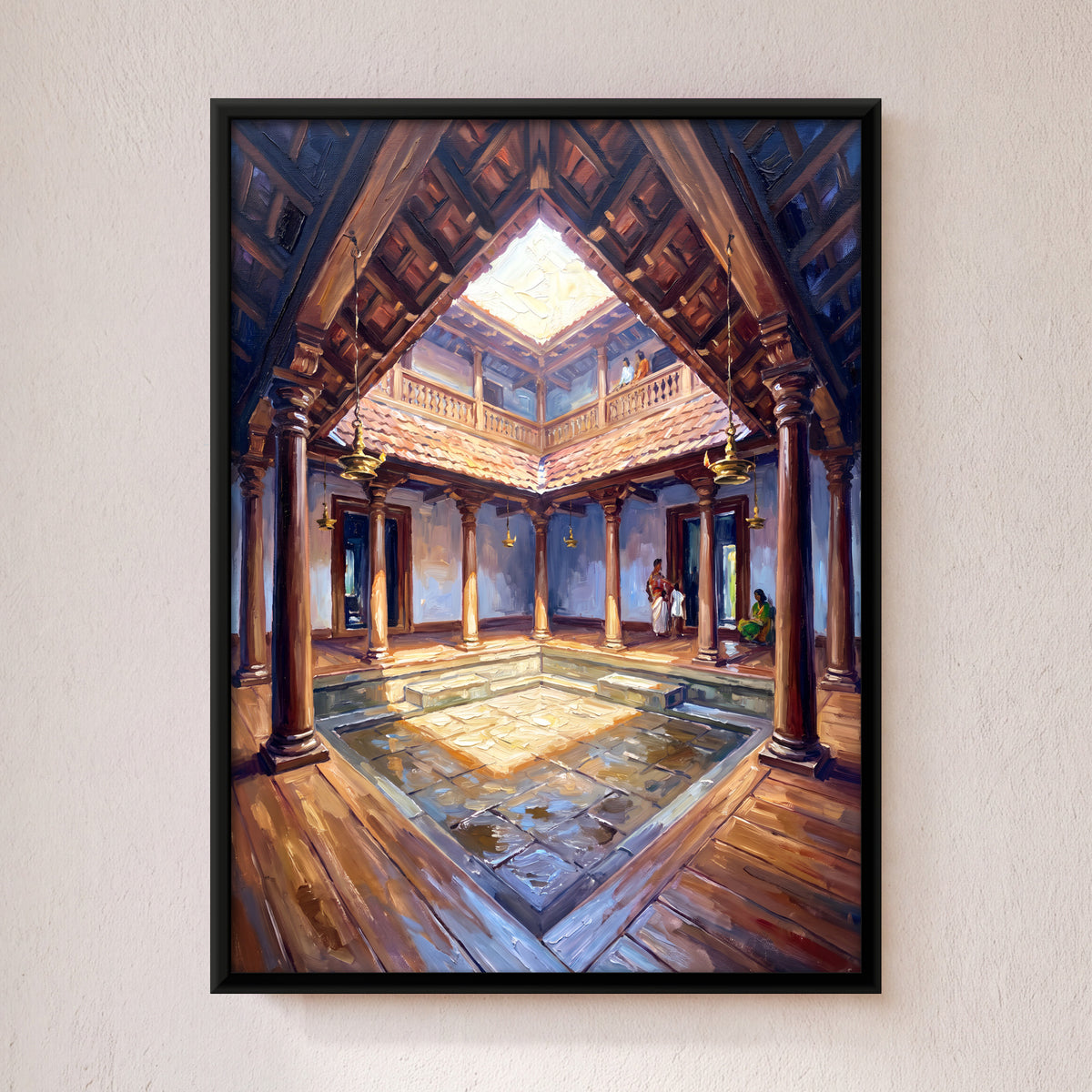 Kerala Courtyard House - framed canvas art hung on a wall