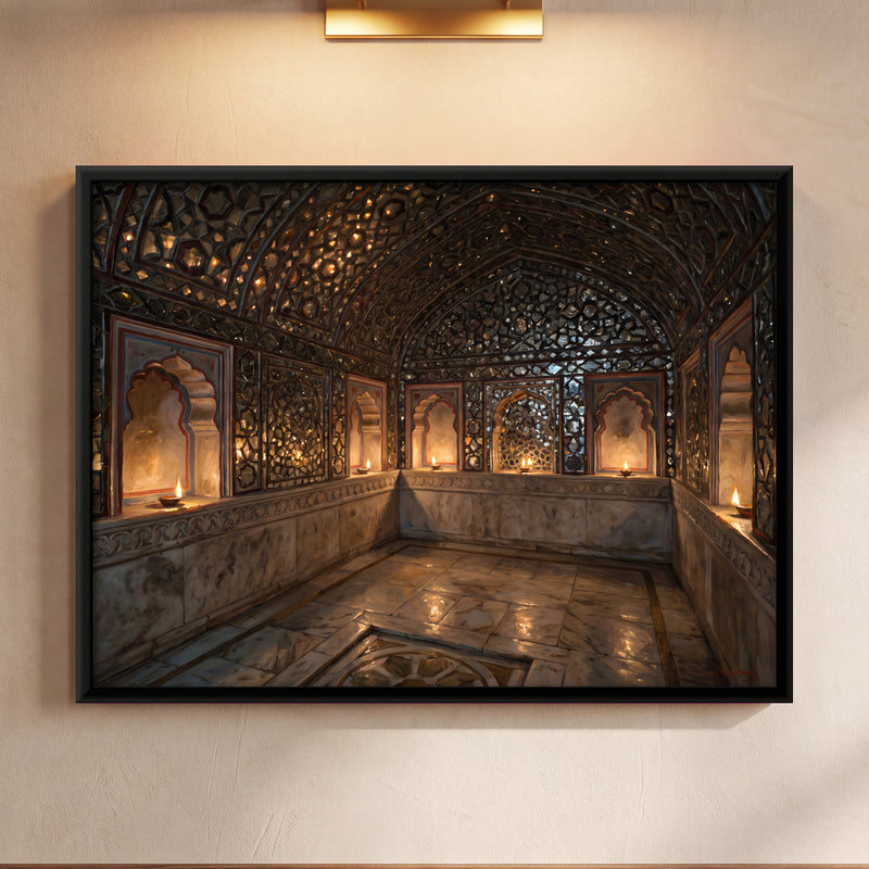 Sheesh Mahal by Lamplight - framed canvas art hung on a wall