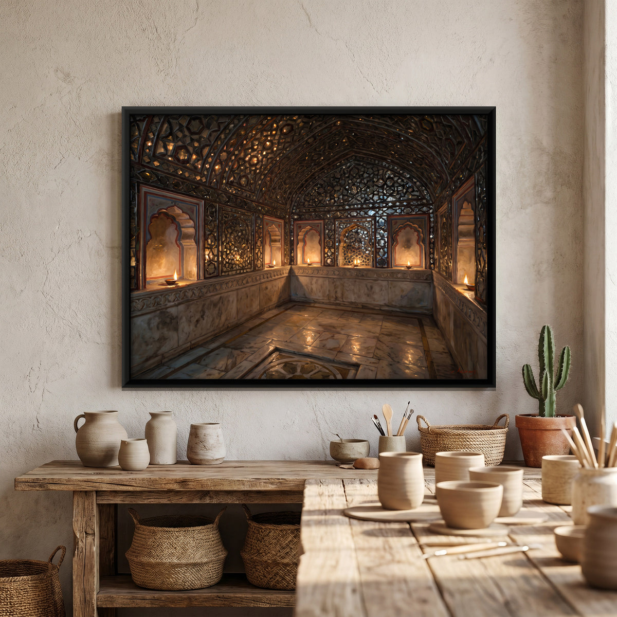 Sheesh Mahal by Lamplight - canvas art shown in a styled room