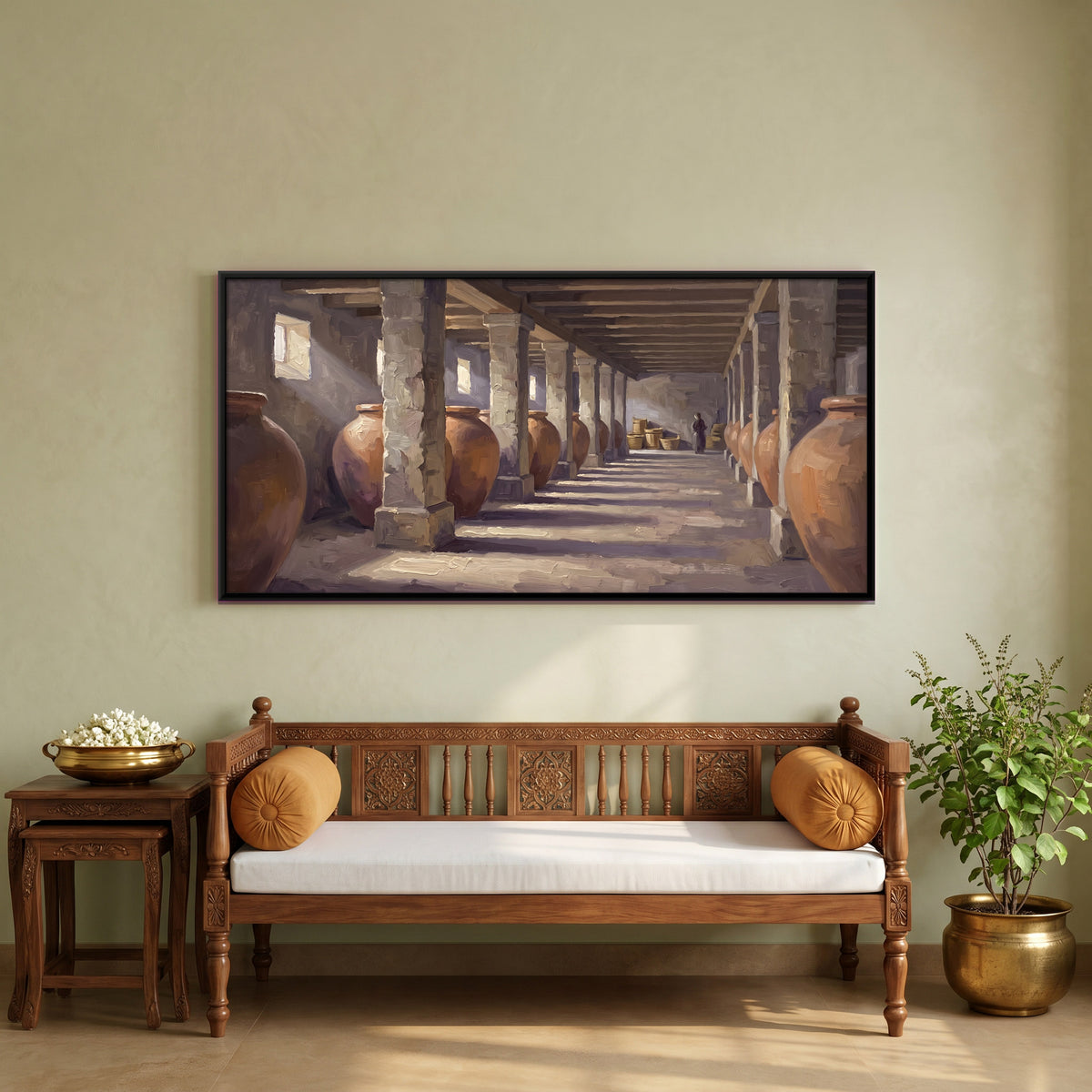 Clay Jars in a Pillared Hall - canvas art shown in a styled room