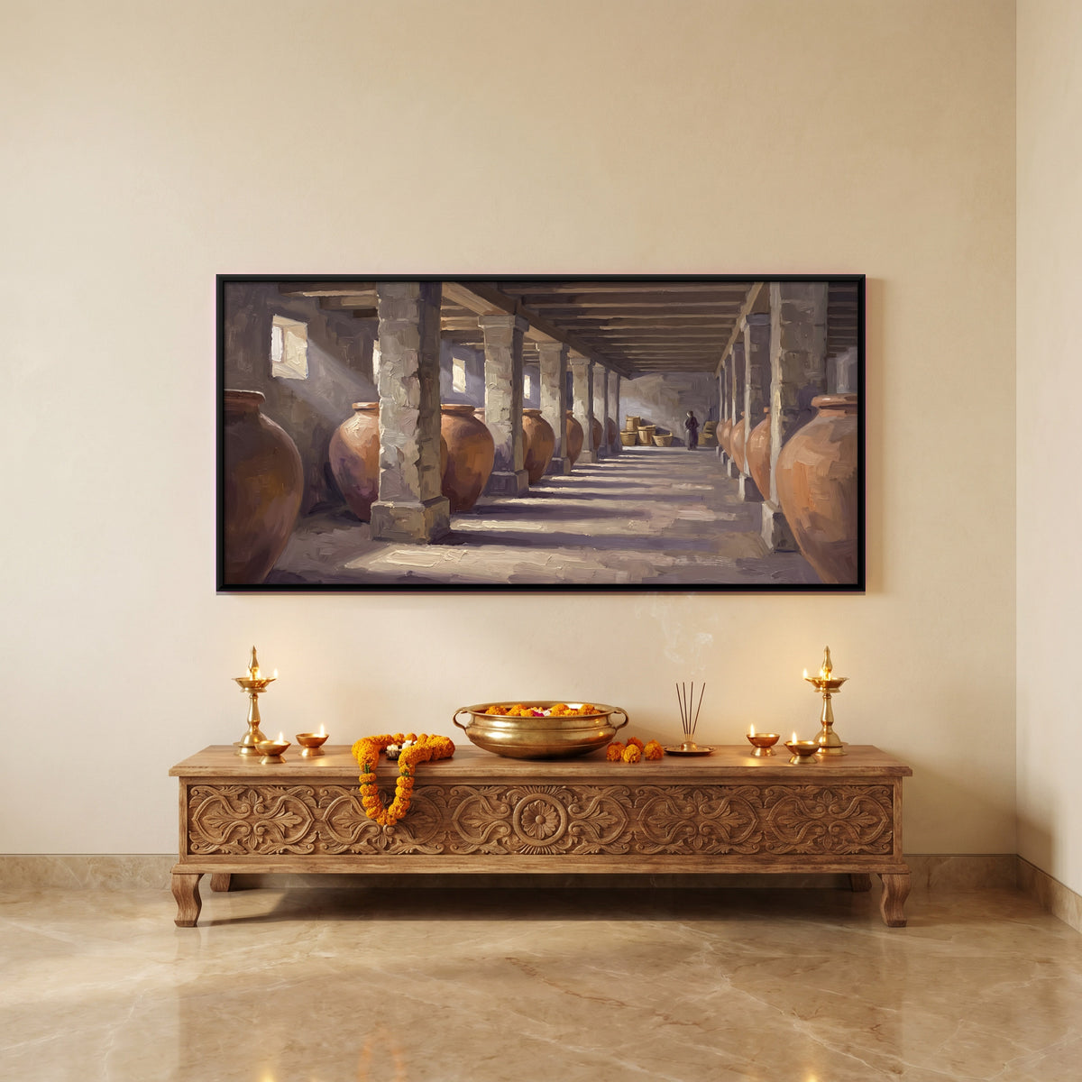 Clay Jars in a Pillared Hall - canvas art shown in a second room setting