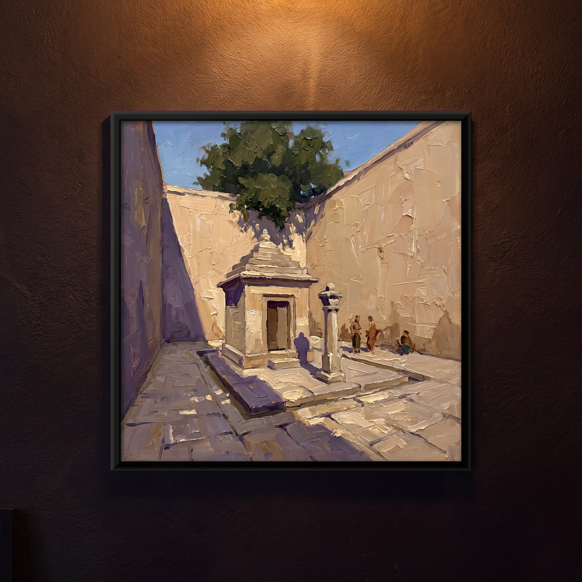 Shrine in a Sunlit Courtyard - framed canvas art hung on a wall