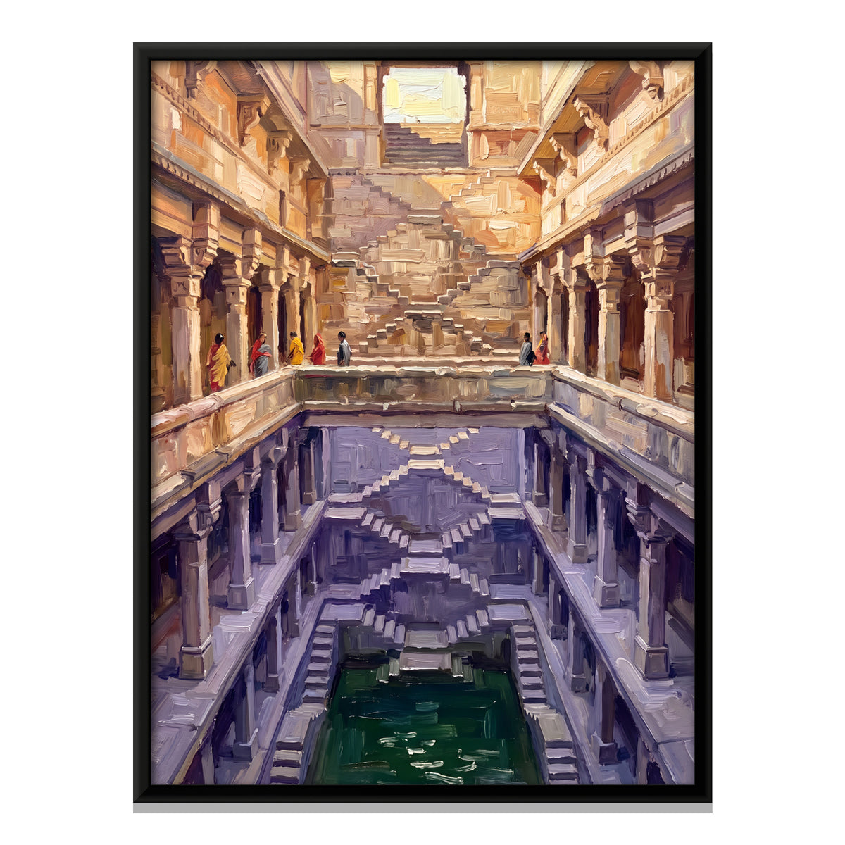 Stepwell Descending to Green Water - framed canvas print, front view