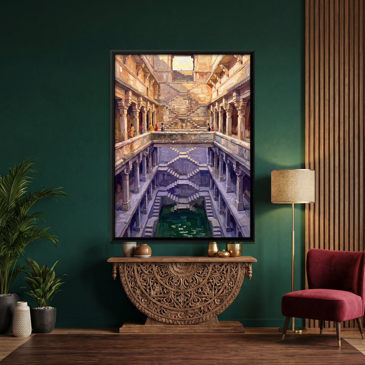 Stepwell Descending to Green Water - canvas art shown in a styled room