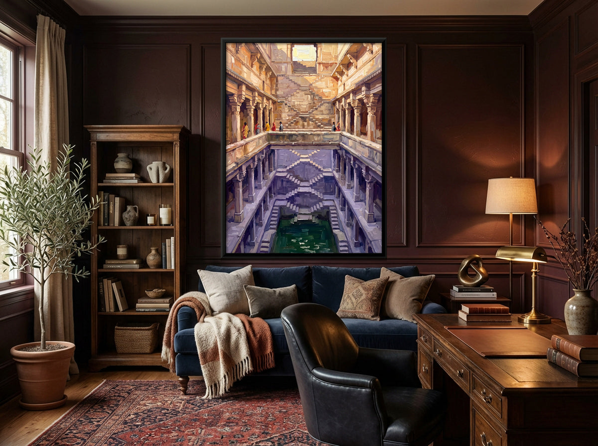 Stepwell Descending to Green Water - canvas art shown in a second room setting
