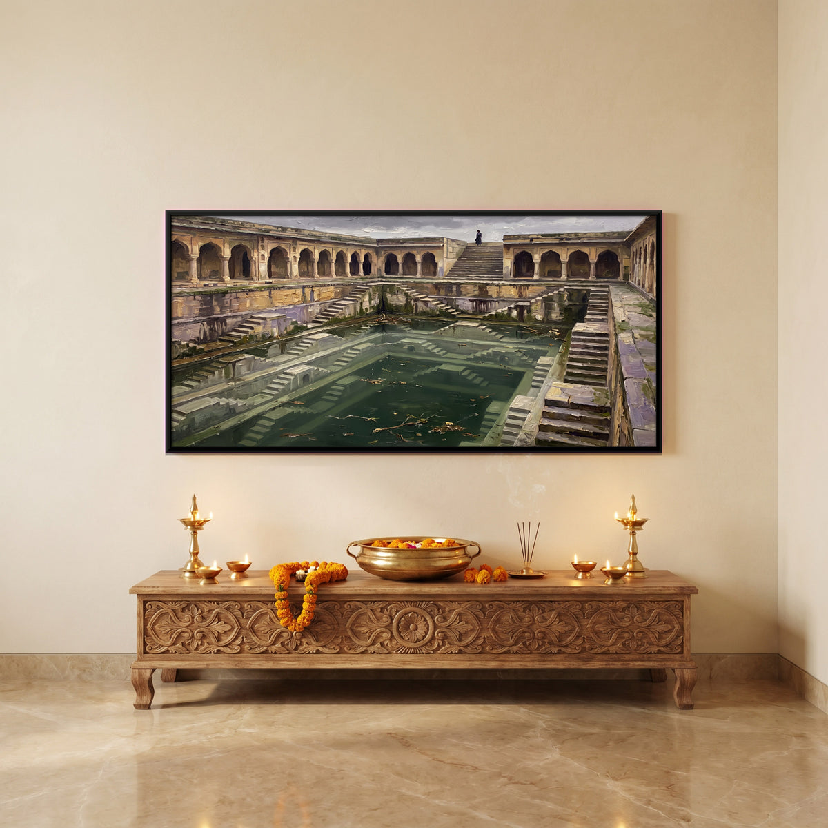 Arcaded Stepwell - canvas art shown in a second room setting