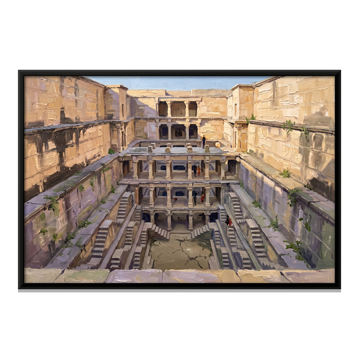 Stepwell Descending to Green Water - framed canvas print, front view