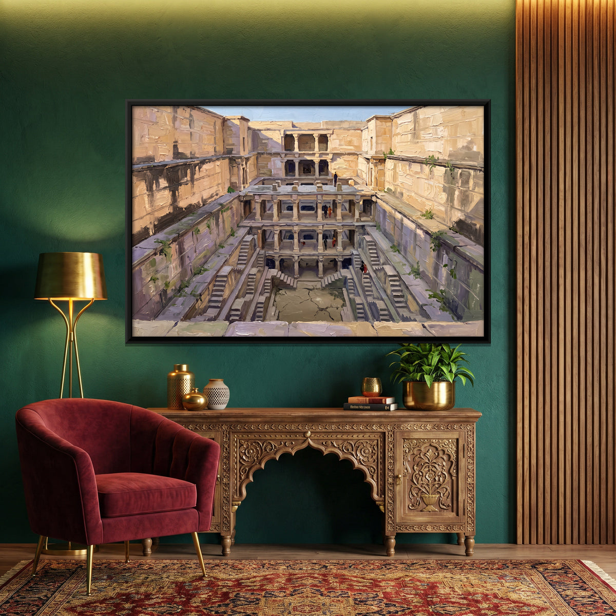Stepwell Descending to Green Water - canvas art shown in a styled room