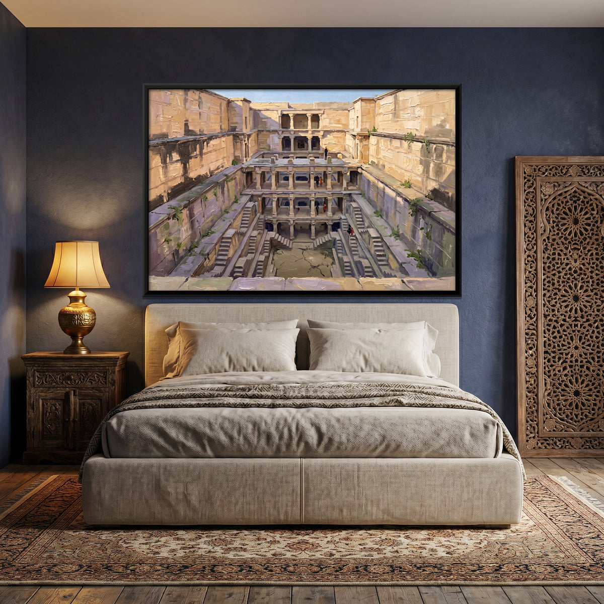 Stepwell Descending to Green Water - canvas art shown in a second room setting