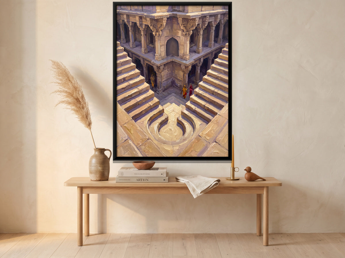 Carved Stepwell Steps - canvas art shown in a styled room