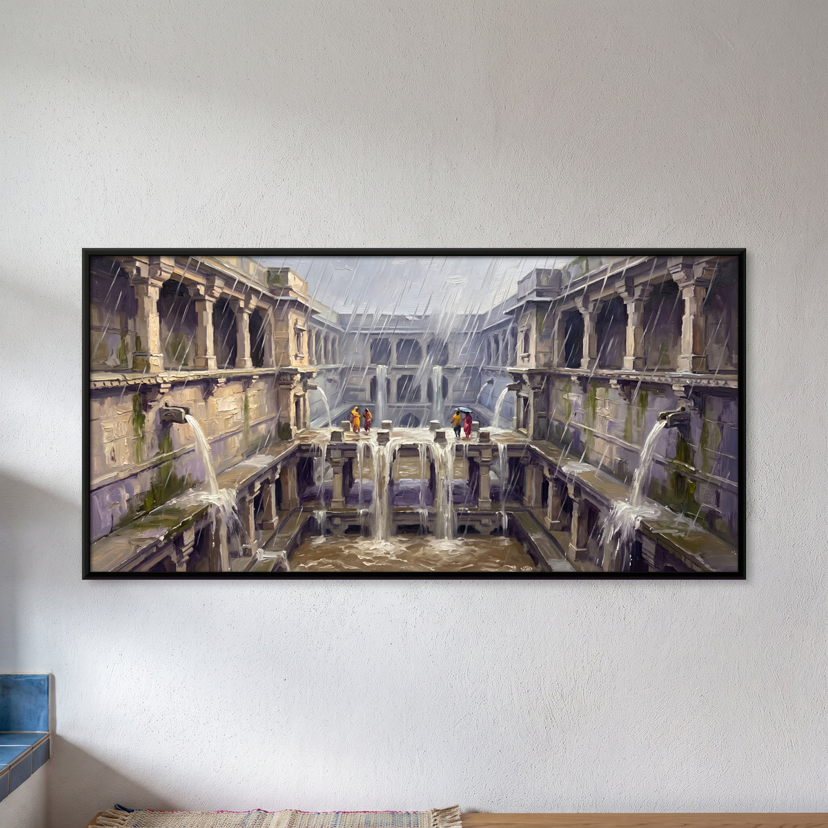 Stepwell in Monsoon Rain - framed canvas art hung on a wall