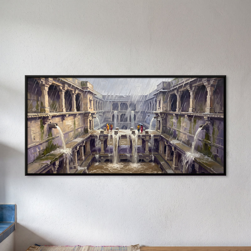 Stepwell in Monsoon Rain - framed canvas art hung on a wall