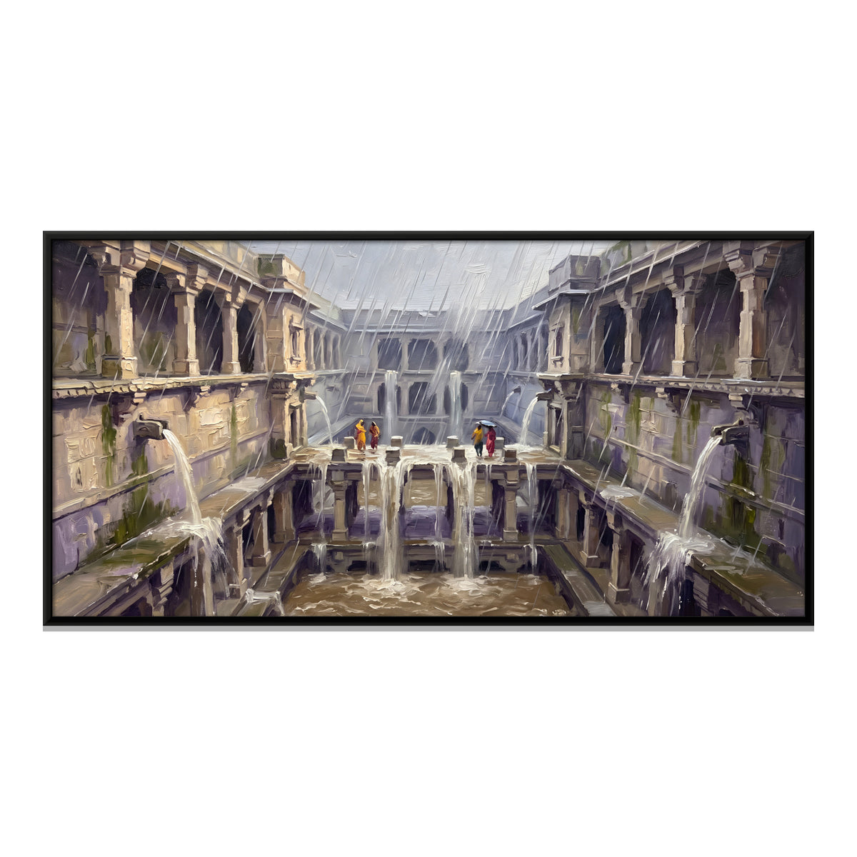 Stepwell in Monsoon Rain - framed canvas print, front view