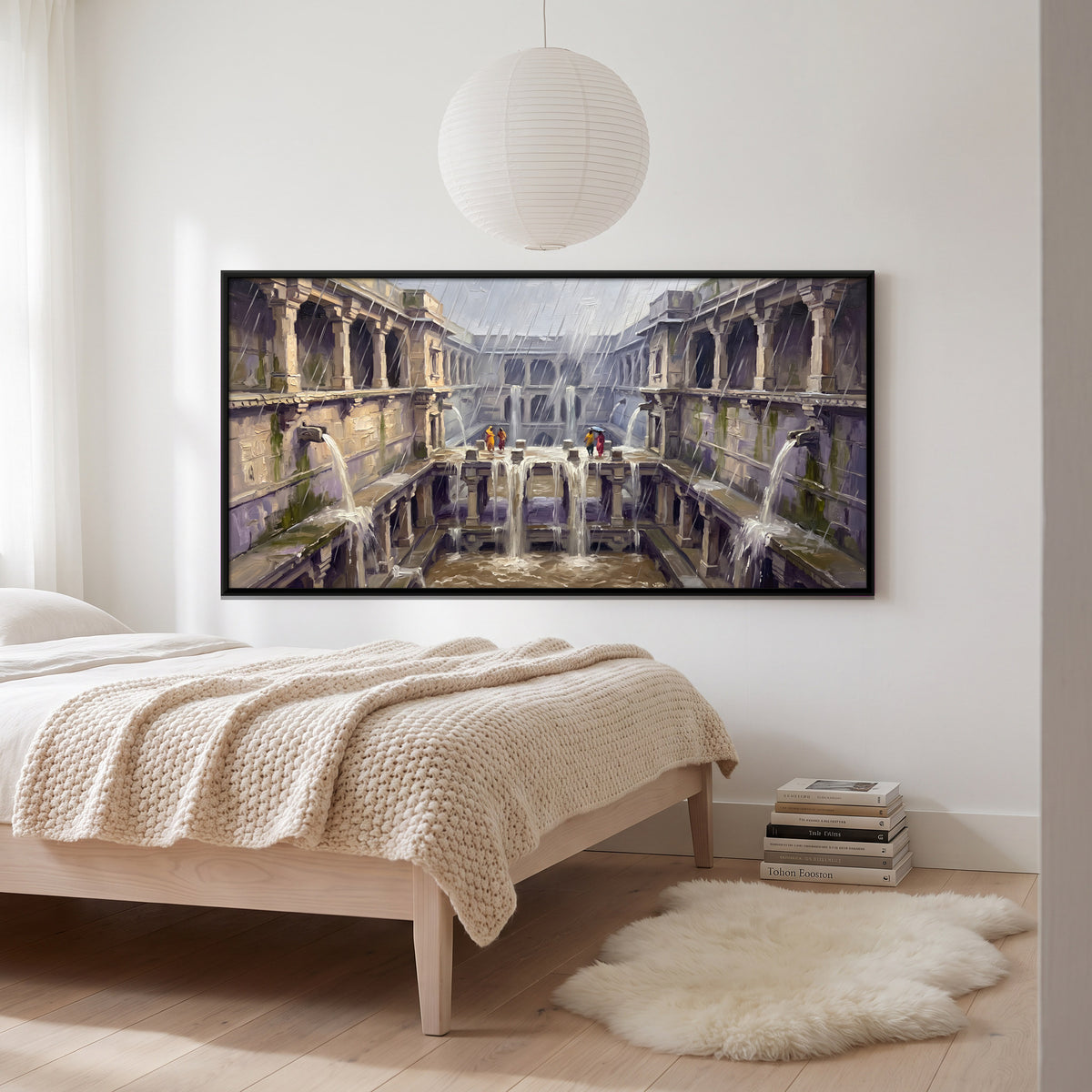 Stepwell in Monsoon Rain - canvas art shown in a styled room
