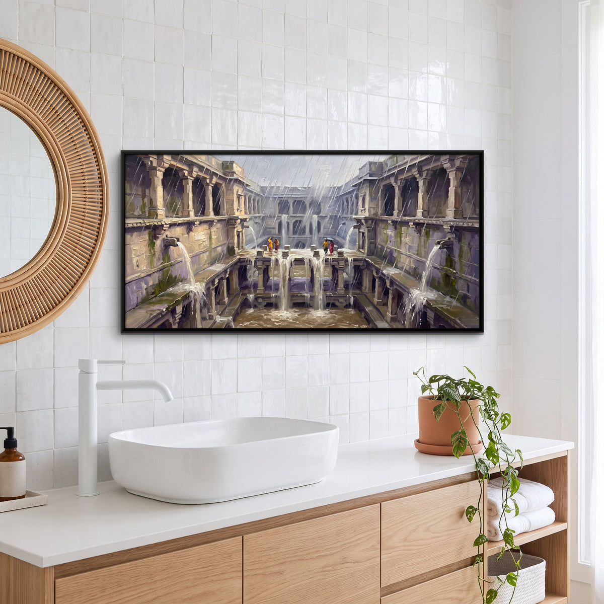 Stepwell in Monsoon Rain - canvas art shown in a second room setting