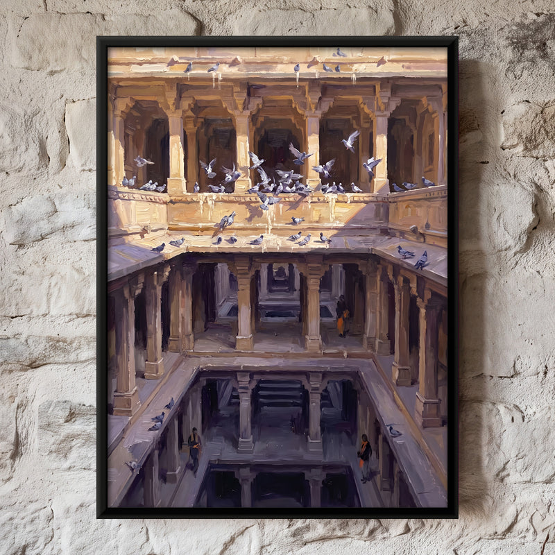 Pigeons in a Stepwell - framed canvas art hung on a wall