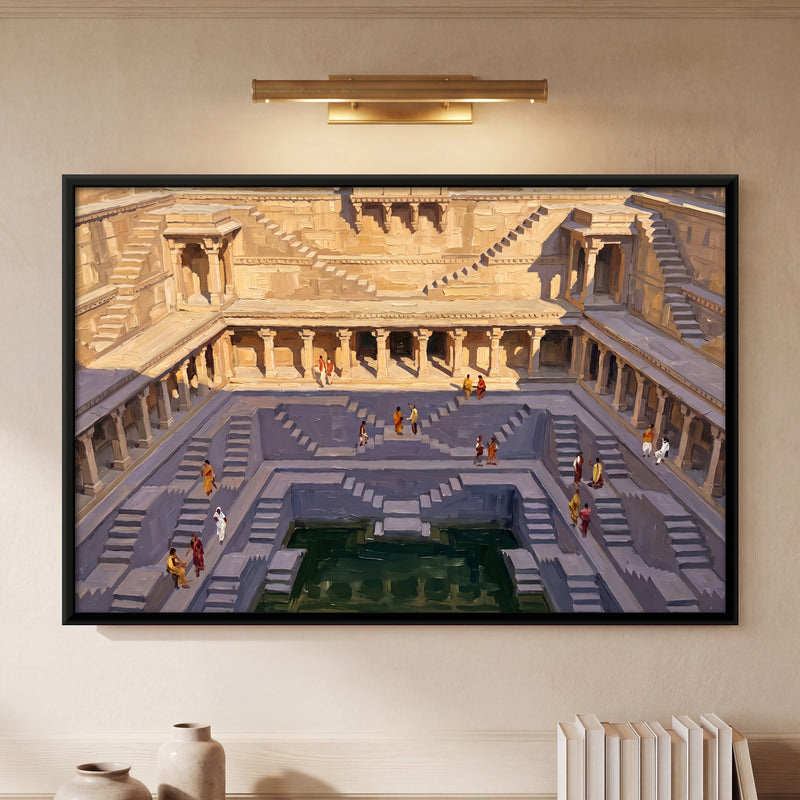 Stepwell Steps and Green Water - framed canvas art hung on a wall