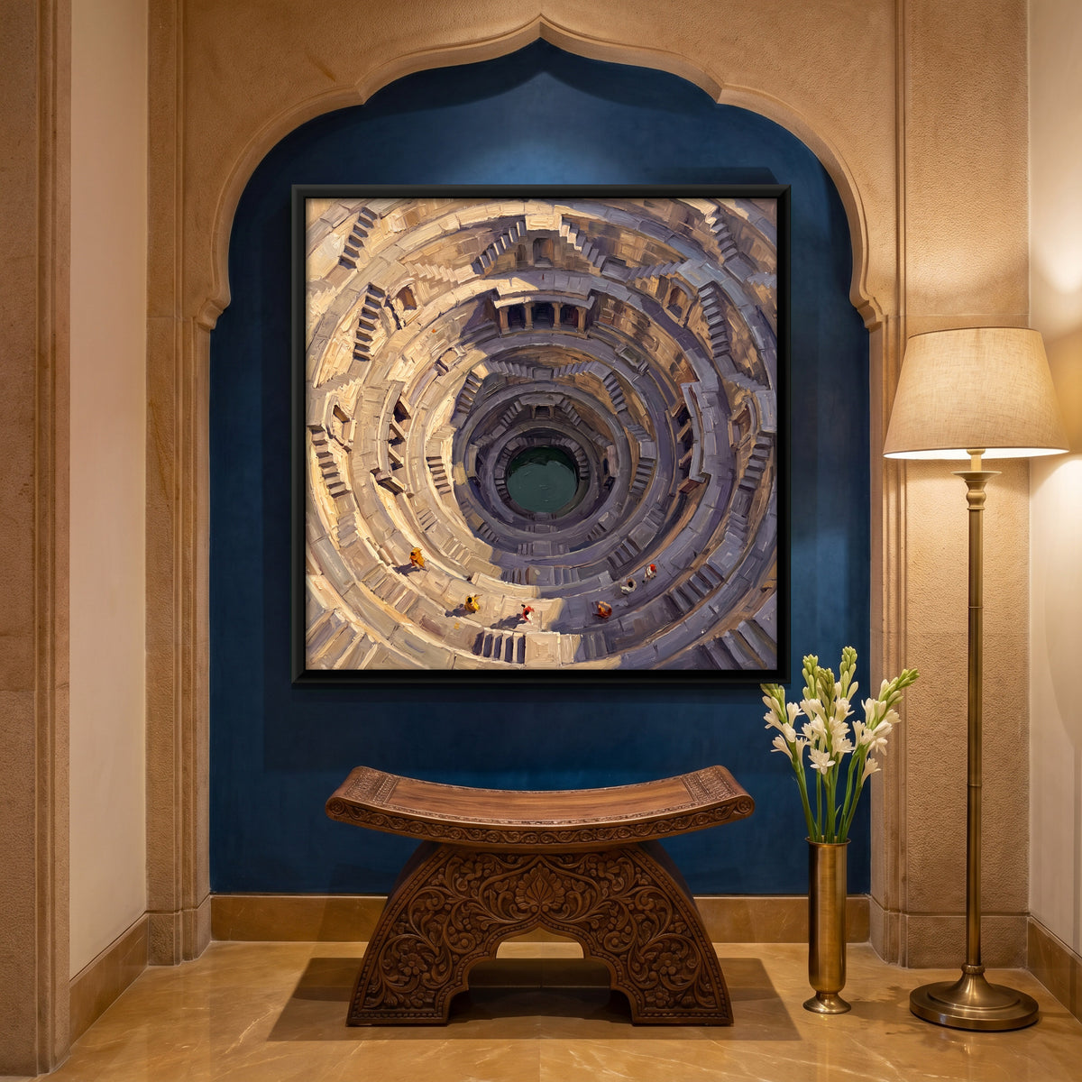 Circular Stepwell - canvas art shown in a styled room