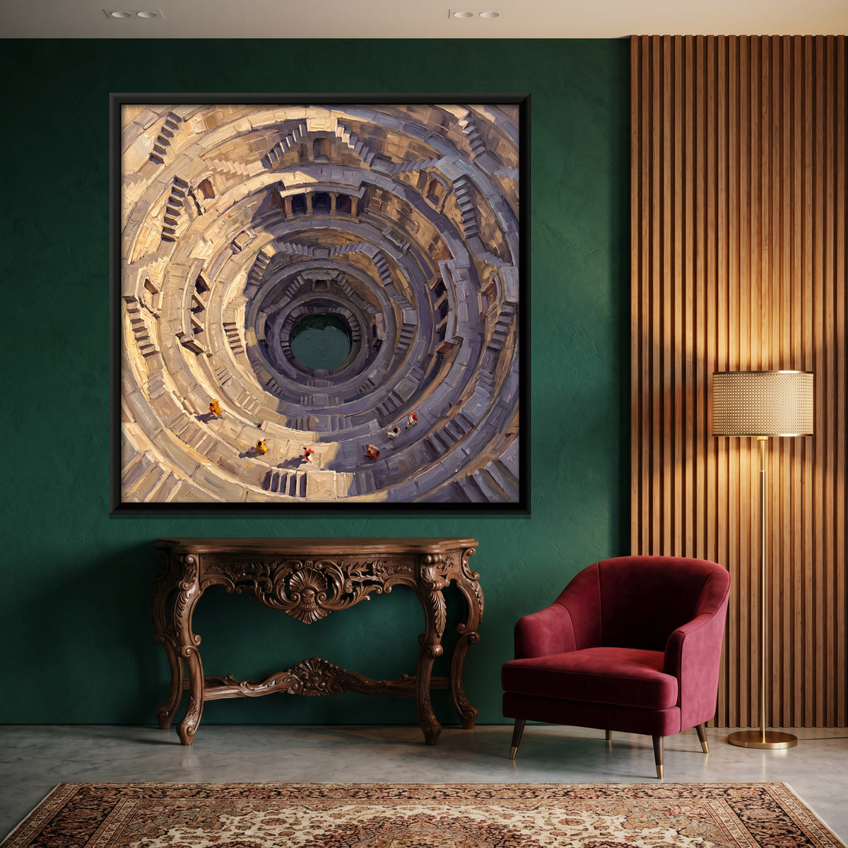 Circular Stepwell - canvas art shown in a second room setting