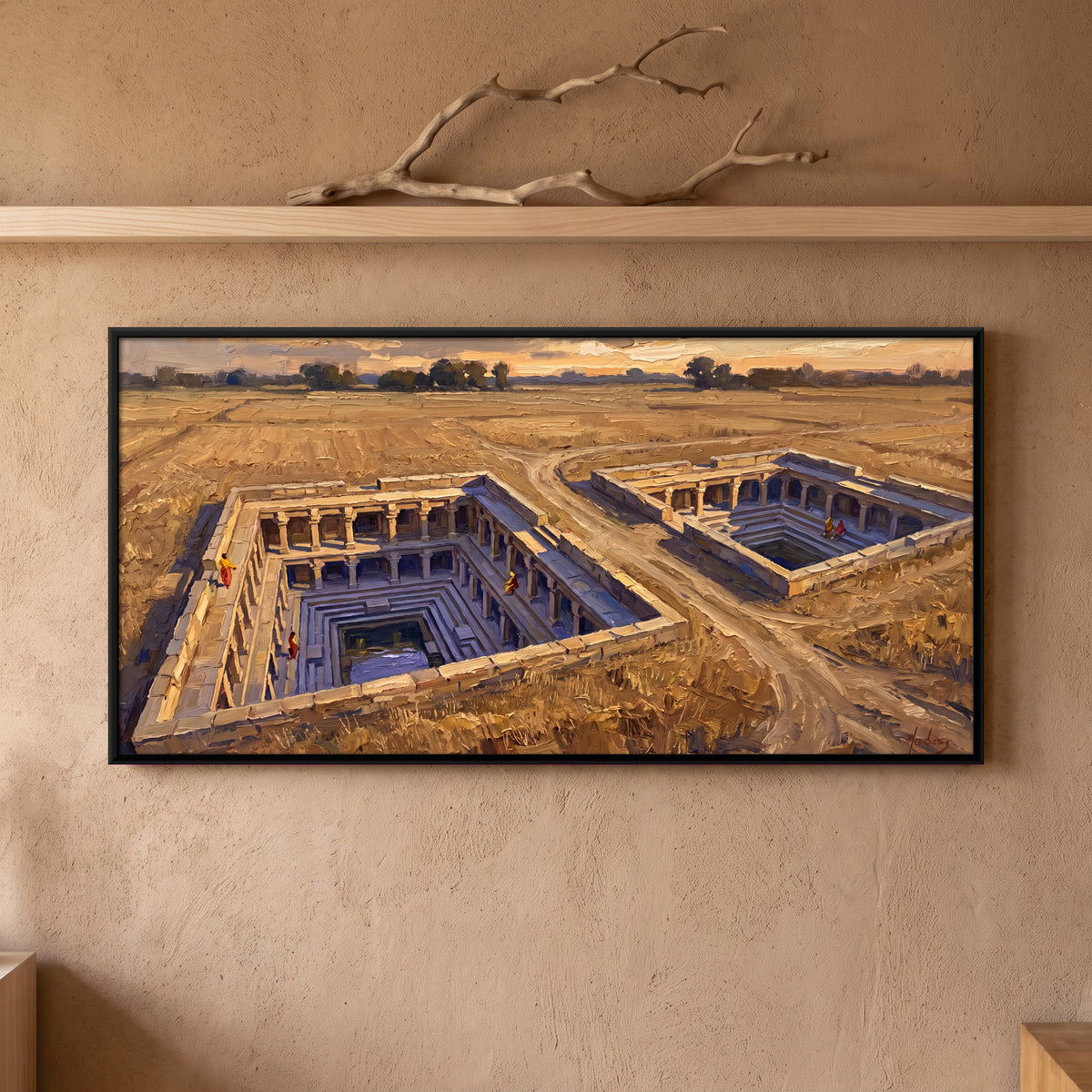 Stepwells in the Fields - framed canvas art hung on a wall