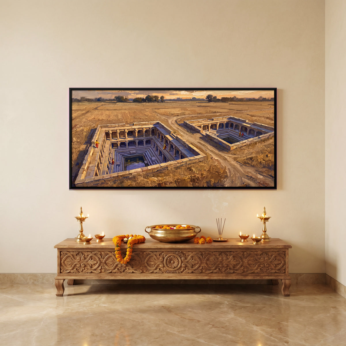Stepwells in the Fields - canvas art shown in a styled room